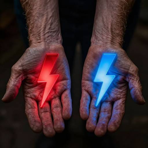 Aged Hands Holding Glowing Thunder Symbols