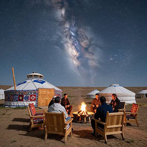 Photograph of six people sitting around a campfire under a starry Milky Way, surrounded by traditional white yurt tents in a desert landscape.