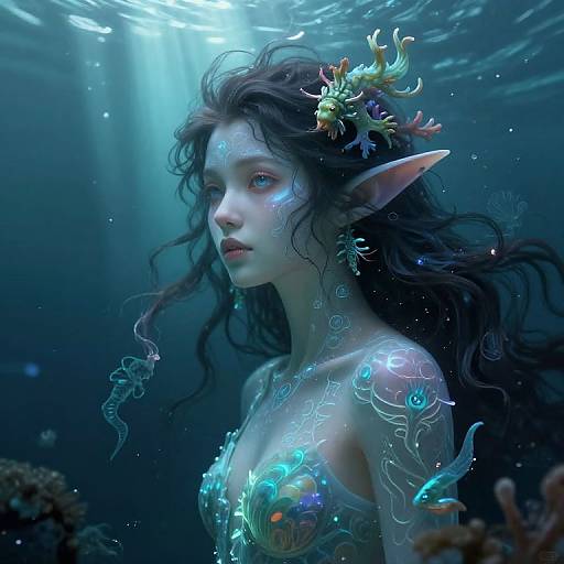 Digital art of a blue-skinned, ethereal mermaid with long, wavy dark hair and pointed ears, adorned with colorful sea creatures, underwater