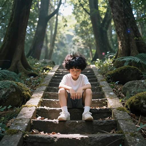 Photograph of a young Asian boy with messy black hair, wearing a white t-shirt and white sneakers, sitting on mossy stone steps in a sun