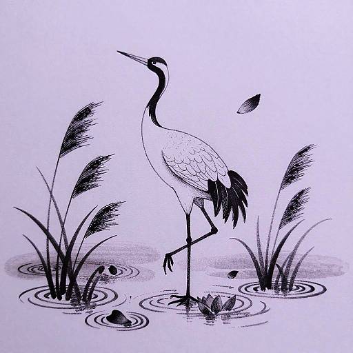 Elegant Crane Ink Brush Illustration