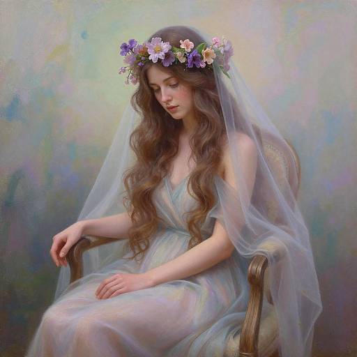 Digital painting of a fair-skinned, long-haired woman with a flower crown and veil, sitting on an ornate chair, wearing a flowing, past