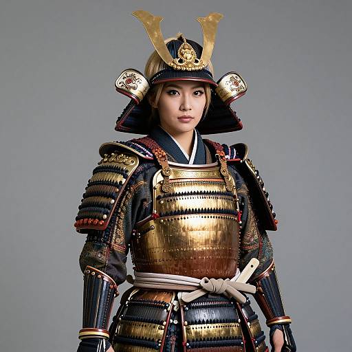 Photograph of a young Asian woman in traditional Japanese samurai armor, featuring gold and black lacquered plates, intricate patterns, and a decorative helmet
