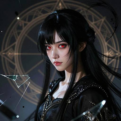 Digital artwork of a pale-skinned, red-eyed woman with long black hair, wearing a black, sparkly garment, against a dark background with a