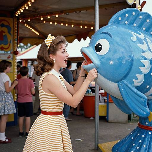 Vintage photograph of a smiling 1950s woman in yellow striped dress, gripping a large blue fish game at a carnival.