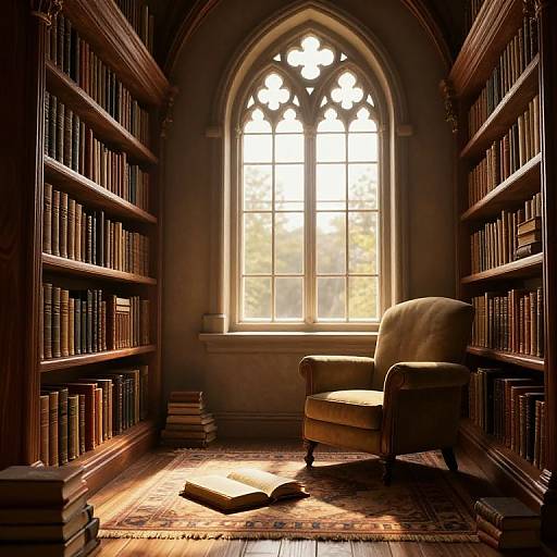 Photograph of a sunlit library corner with a Gothic arched window, wooden bookshelves, a beige armchair, and an open book on