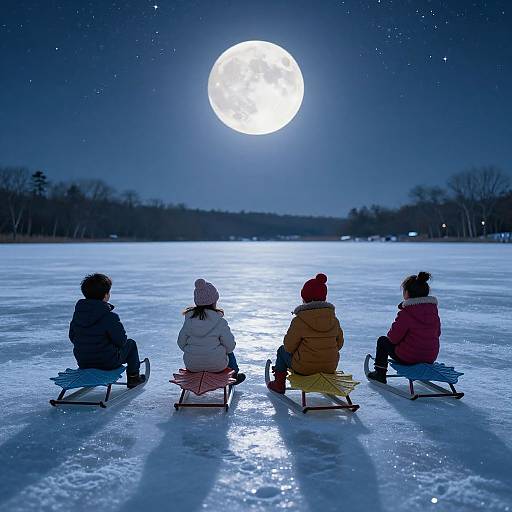 Photograph of four children in winter clothing sitting on sleds, facing a bright full moon over a frozen lake at night.