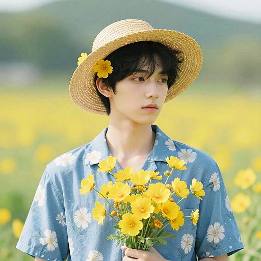 Young Asian man in blue floral shirt and straw hat with yellow flower, holding yellow flowers in sunlit field.
