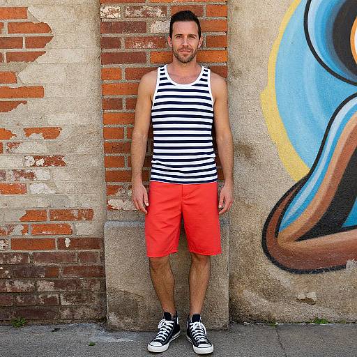 Photograph of a bearded man with short dark hair, wearing a black-and-white striped tank top, red shorts, and black sneakers, standing against