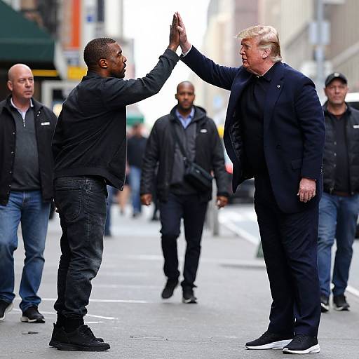 Photograph of Donald Trump and African-American man high-fiving on urban street, both in black clothing, surrounded by security and onlookers.