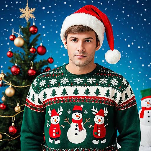 Man in Funny Christmas Sweater and Santa Hat