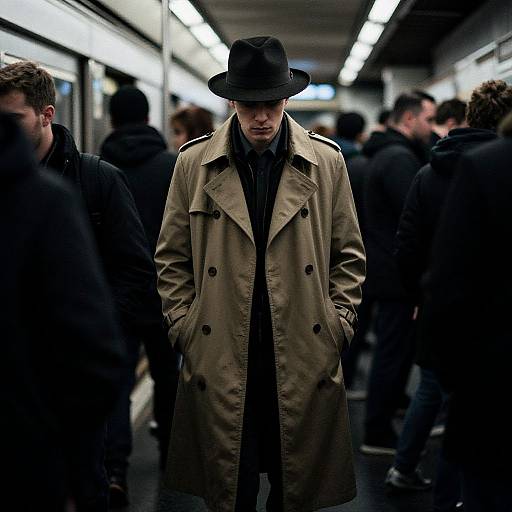 Photograph of a pale, serious man in a black fedora and beige trench coat, standing in a dimly lit, crowded subway.