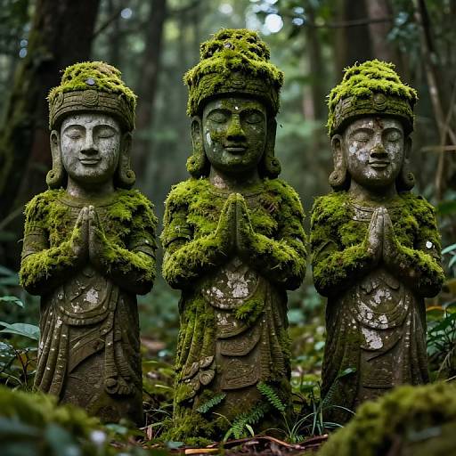 Photograph of three moss-covered Buddhist statues with hands in prayer, standing in a lush, forested area with dense greenery.
