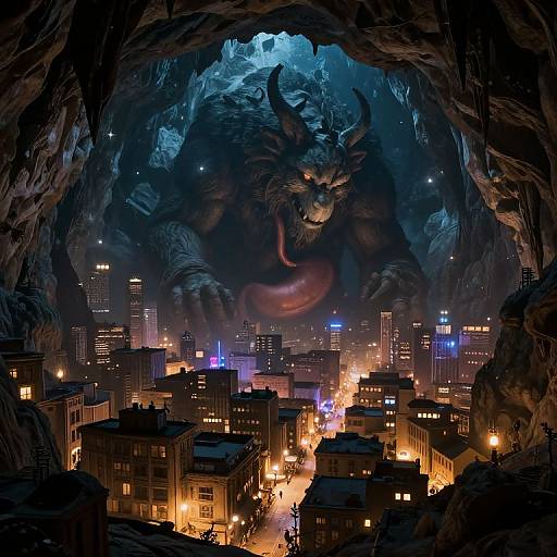 Digital art: Massive, fearsome werewolf with glowing eyes and long tongue looms over a brightly lit, urban cityscape from a dark, rocky