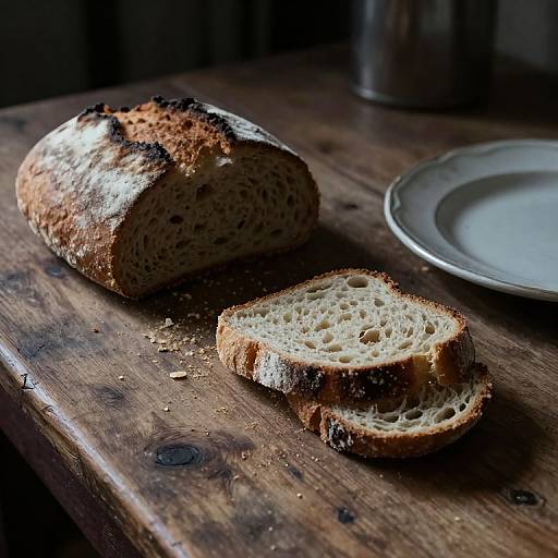 Photograph of a rustic loaf of bread with a crusty top, sliced open to reveal airy interior, on a dark wooden table with a white plate