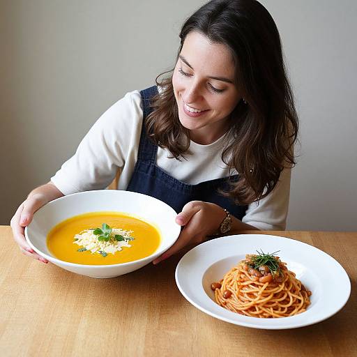 Photograph of a smiling woman with long dark hair, wearing a white shirt and black apron, enjoying creamy orange soup and spaghetti with parsley on a