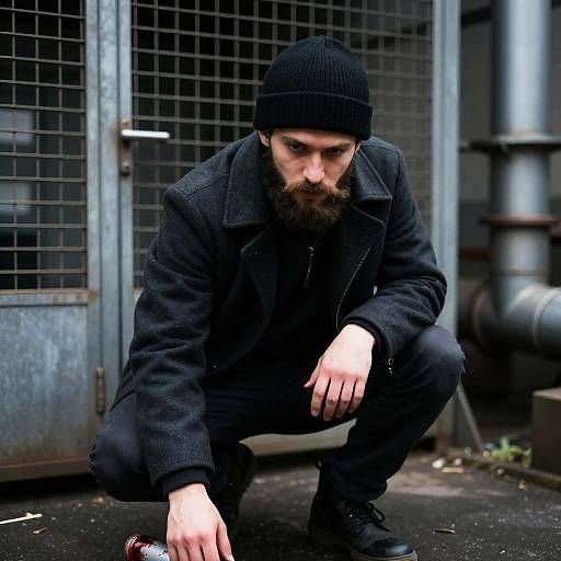 Gritty Industrial Scene with Bearded Man
