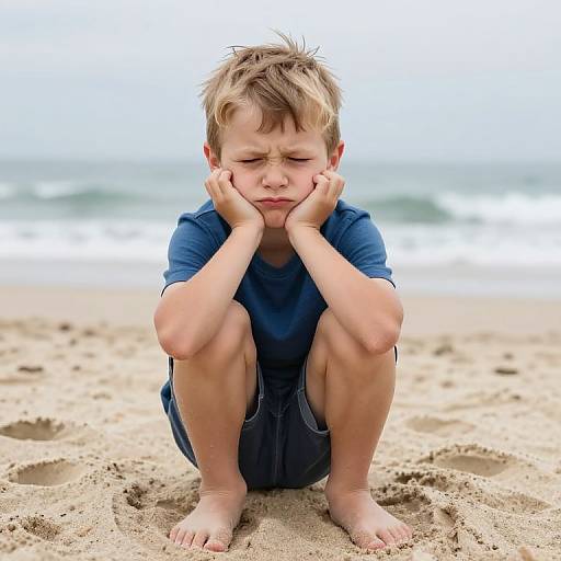 Bored Boy on Overcast Beach