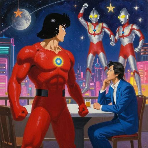 Digital illustration of a muscular man in a red superhero suit with a glowing emblem, standing opposite a black-haired man in a blue suit, seated at a