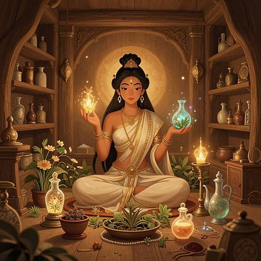 Digital artwork of a serene Indian goddess in white saree, seated cross-legged, holding fire and blue jar, surrounded by candles, plants, and shelves