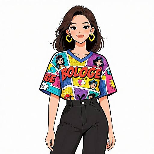 Digital illustration of a smiling woman with medium-length brown hair, wearing yellow hoop earrings, a colorful 