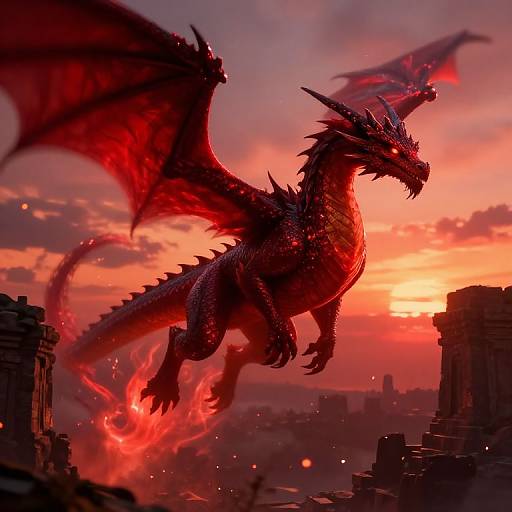Digital painting of a fierce, red dragon with dark wings and spikes soaring over a burning city at sunset, with fiery embers and clouds in the background