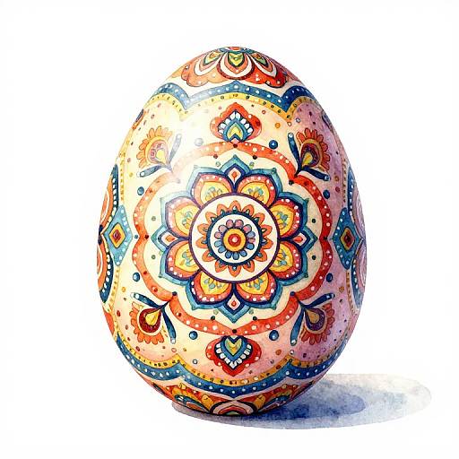 Vibrant, hand-painted egg with intricate, colorful mandala patterns in orange, red, blue, and yellow on a white background. Phot
