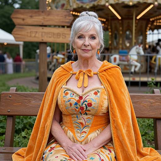Photograph of an elderly woman with white hair, wearing an ornate orange velvet dress and cape, sitting on a wooden bench at a carnival, with