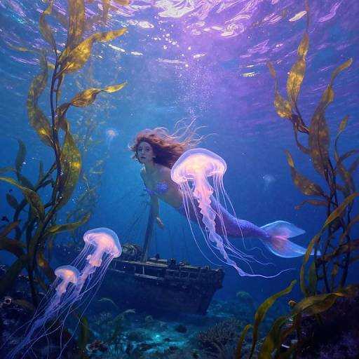 Photograph of a mermaid with flowing brown hair, surrounded by glowing jellyfish and golden seaweed, underwater with blue and purple lighting.