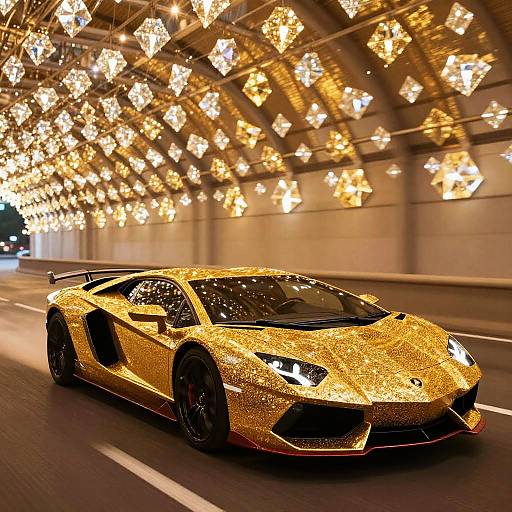 Photograph of a glittery gold Lamborghini driving under a canopy of warm, glowing star-shaped lights at night.