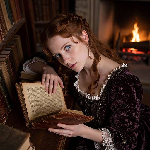 Photograph of a young woman with fair skin and blue eyes, wearing a black velvet dress with white lace, reading a book by a roaring fireplace in