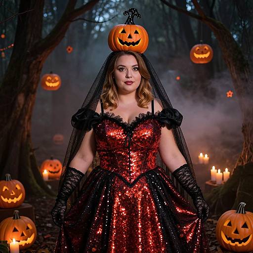 Photograph of a woman in a red sequin Halloween dress with black lace gloves and veil, topped with a carved pumpkin hat, surrounded by glowing jack