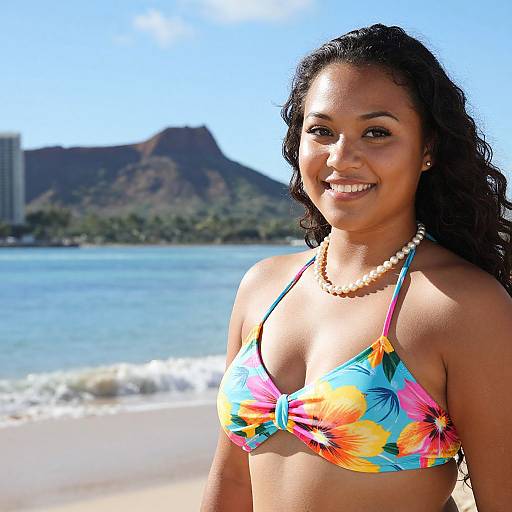 Photograph of a smiling, dark-skinned woman with long curly hair, wearing a colorful floral bikini top and pearl necklace, standing on a sunny beach