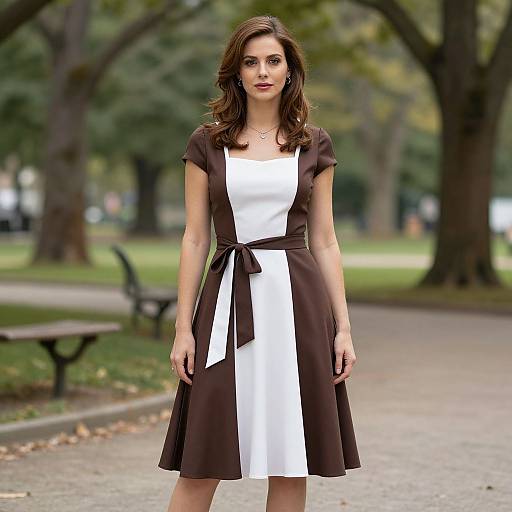 Photograph of a brunette woman with wavy hair, wearing a brown and white dress with a tied waist, standing in a park. Blurred trees