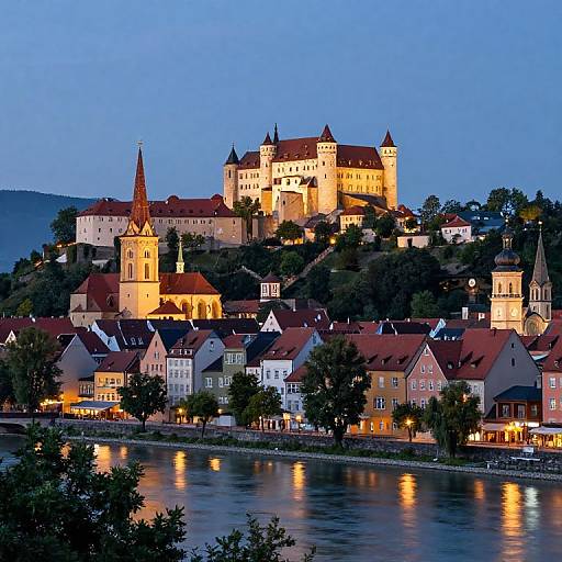 Photograph of a twilight European town with illuminated medieval castle and church towers, reflecting on a calm river, surrounded by dark green hills.