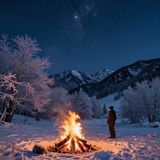 Photograph of a lone person in winter gear standing by a roaring campfire in a snowy forest under a starry night sky.