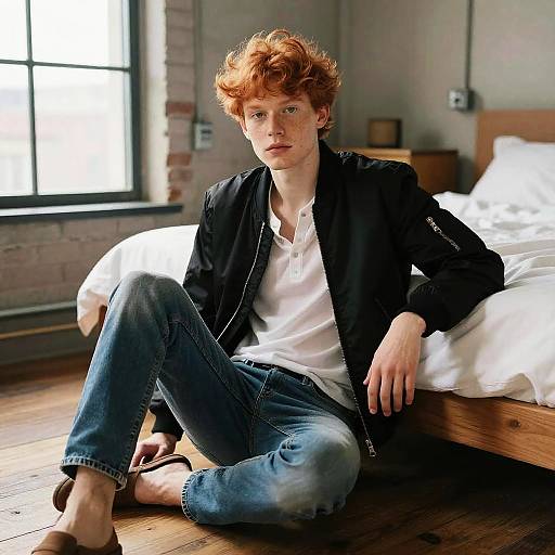 Photograph of a red-haired, fair-skinned young man with curly hair, wearing a black jacket, white shirt, and blue jeans, sitting on