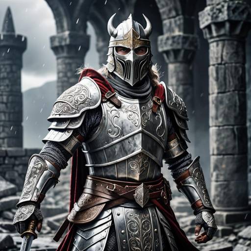 Battle-Ready Knight in Stormy Ruins