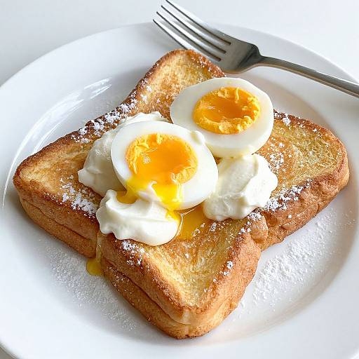Photograph of two toasted, buttered slices of bread with sunny-side-up eggs, sprinkled with sugar, on a white plate with a fork.