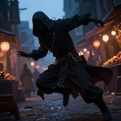 Silhouetted hooded ninja in dynamic pose, surrounded by dimly lit, bustling market with glowing lanterns, at dusk in CGI style.