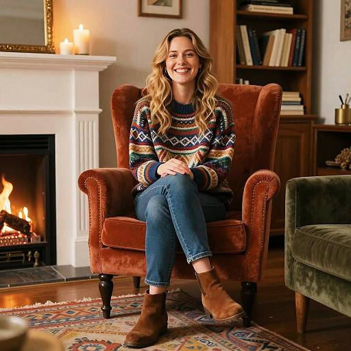 Photograph of a smiling woman with wavy blonde hair, wearing a colorful patterned sweater, blue jeans, and brown boots, sitting in a red