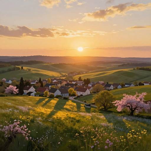 Impressionistic Tranquil Village Sunset