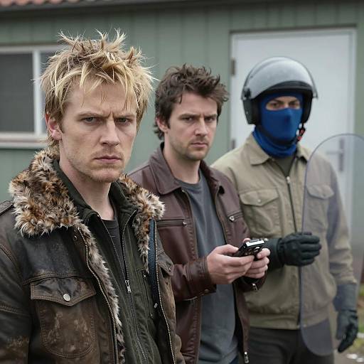 Three Men in Gritty Outdoor Scene