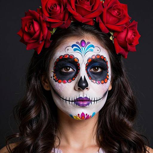 Photograph of a woman with white face paint, black eye sockets, colorful floral designs, red roses in her hair, against a dark background. D