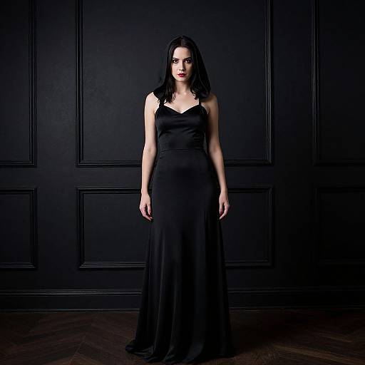 Photograph of a pale-skinned woman with long black hair, wearing a sleeveless black evening gown, standing against a dark, paneled wall.