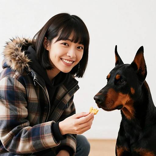 Woman Feeding Doberman Dog Indoors
