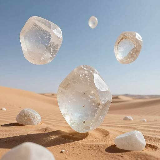 Photograph of transparent, air-filled crystal orbs floating above a sandy desert under a clear blue sky. Sunlight highlights the orbs' reflections and textures.