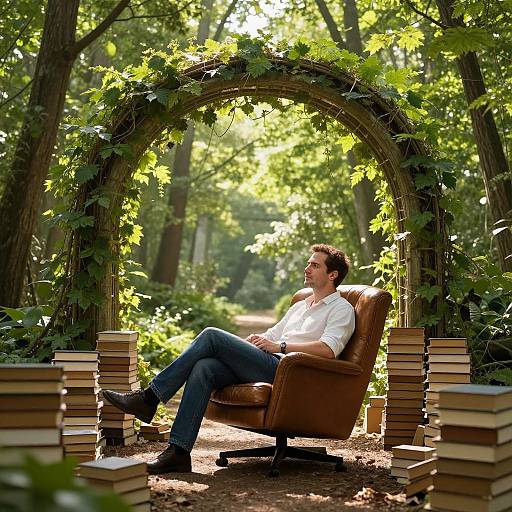 Photograph of a man with short brown hair, white shirt, blue jeans, and black shoes, sitting in a brown armchair under a leafy