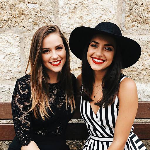 Photograph of two smiling women, one in black lace top, the other in black-and-white striped dress and black hat, against a textured stone wall