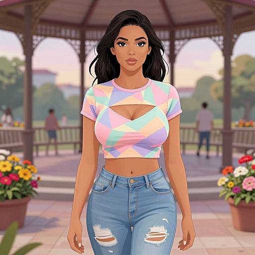 Digital art of a curvy woman with dark hair, wearing a pastel tie-dye crop top and distressed blue jeans, standing in a sunlit